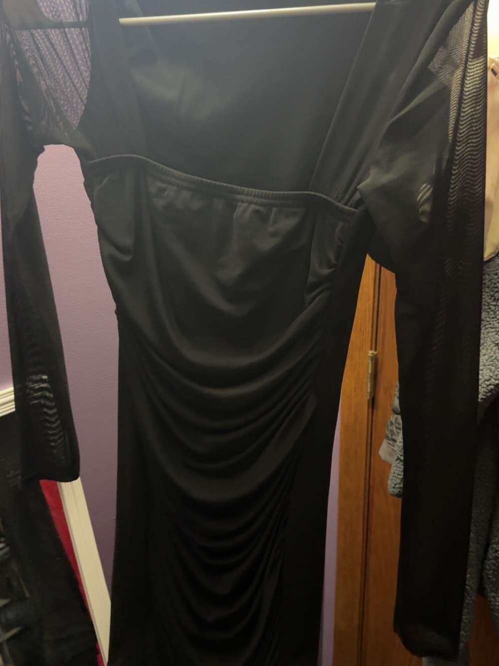 Boohoo Black Long Sleeve Mesh Panel Ruched Prom Dress